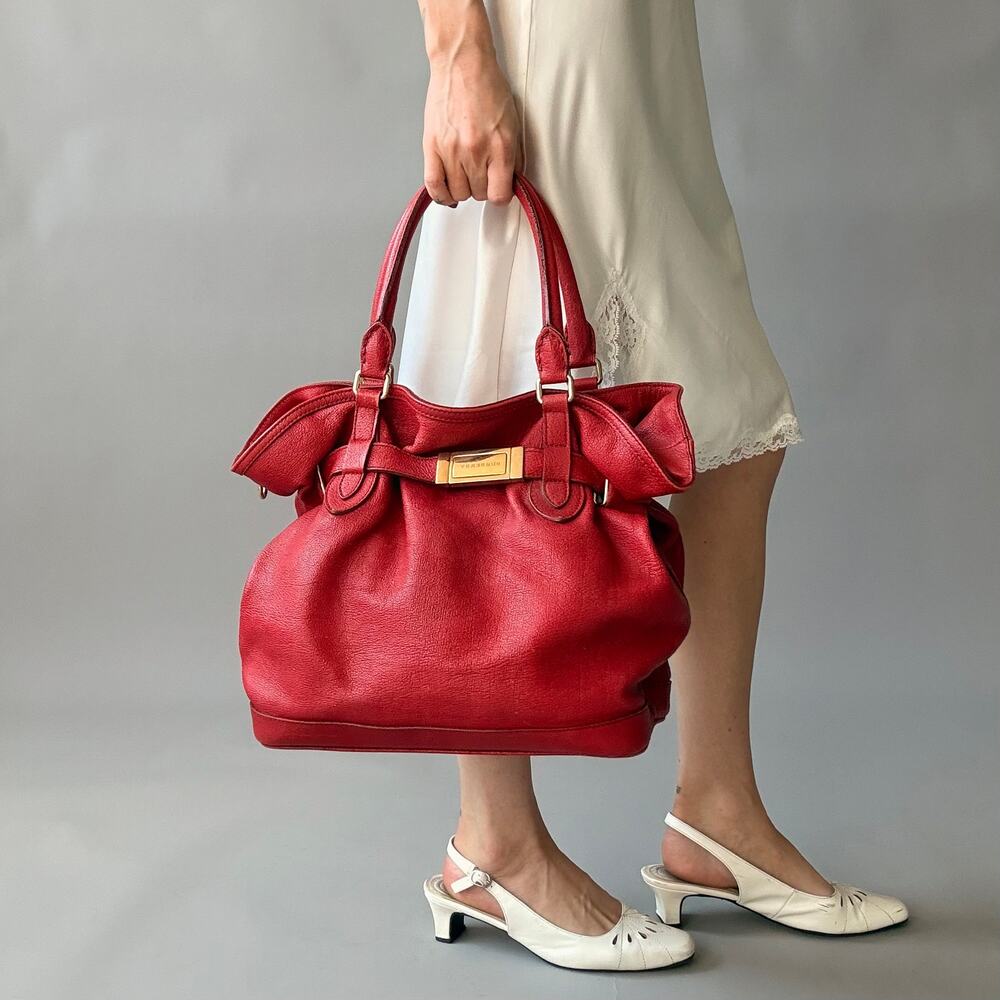 Burberry Red Leather Hobo - Gold Hardware, Crossbody, Made in Italy